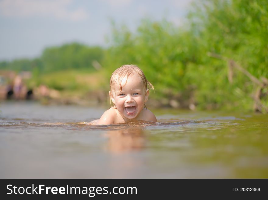 Adorable Baby Swim In River