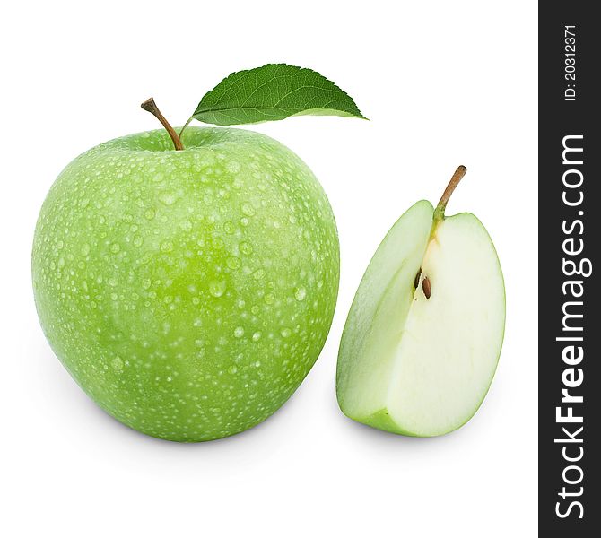 Green apples and half of apple Isolated on a white background