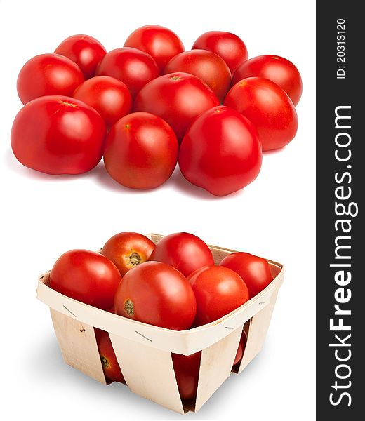 Tomatoes in a basket and out of it isolated on white