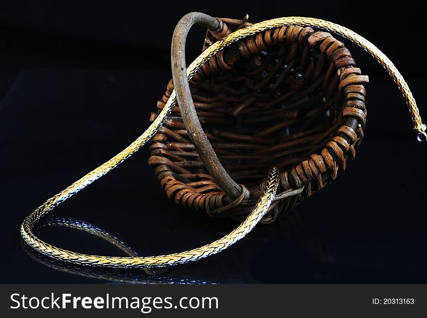 Gold chain with a wicker basket on a black background