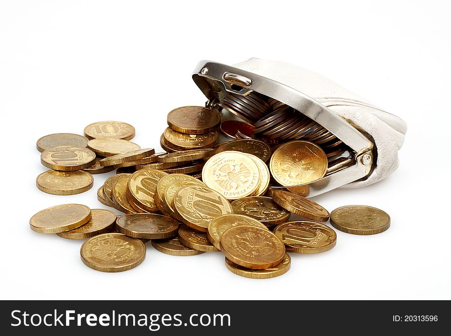 Open purse with gold coins isolated on white