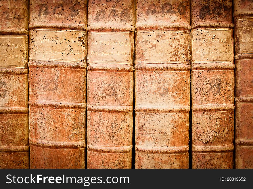 The spines of leather-bound Latin manuscripts in an old library.