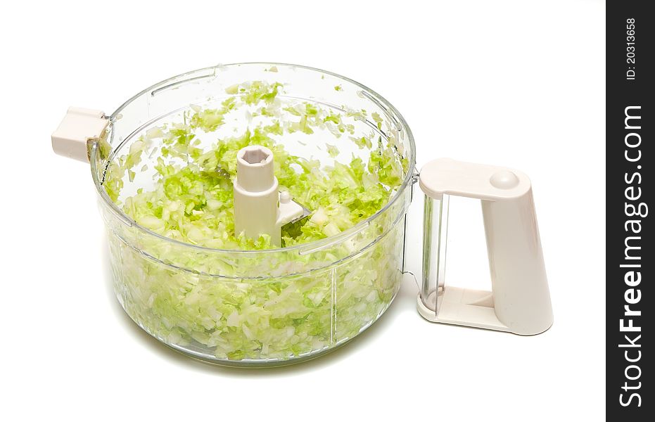 Crushed salad in plastic ware on a white background