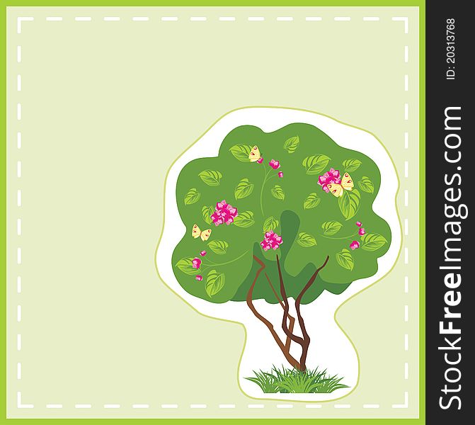 Stylized flowering tree with butterflies in the frame. Card. Illustration. Stylized flowering tree with butterflies in the frame. Card. Illustration