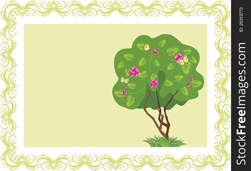 Stylized flowering tree with butterflies in the frame. Illustration. Stylized flowering tree with butterflies in the frame. Illustration