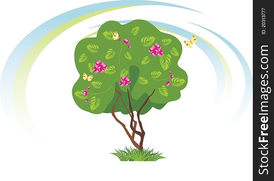 Stylized flowering tree with butterflies. Illustration