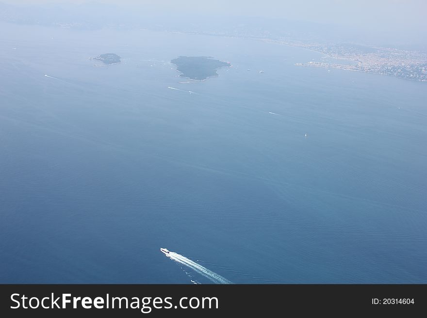 Fast boat in mediterranean sea, aerial view