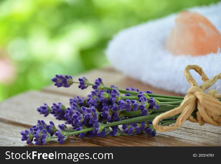 Aromatic bath time with lavender and pink salt. Aromatic bath time with lavender and pink salt