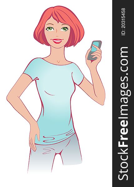 Woman with mobile phone cartoon style illustration. Woman with mobile phone cartoon style illustration