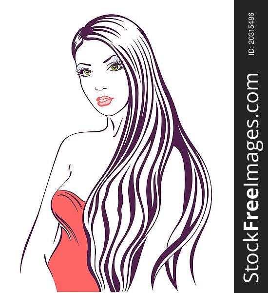 Beautiful fashion woman with hairs in red dress illustration