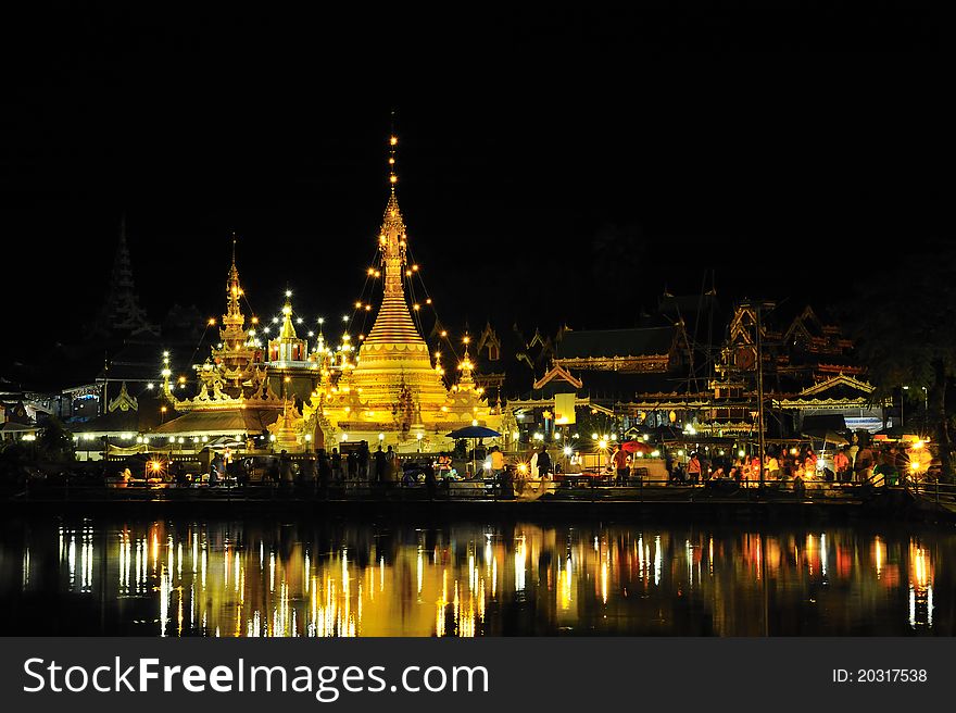 Night view of Jongklang temple, Maehongson, Thailand