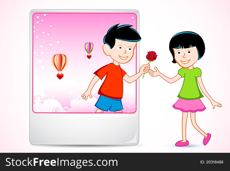 Illustration of boy proposing girl coming out from photo frame