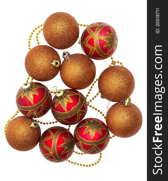 Gold and red Christmas balls on white