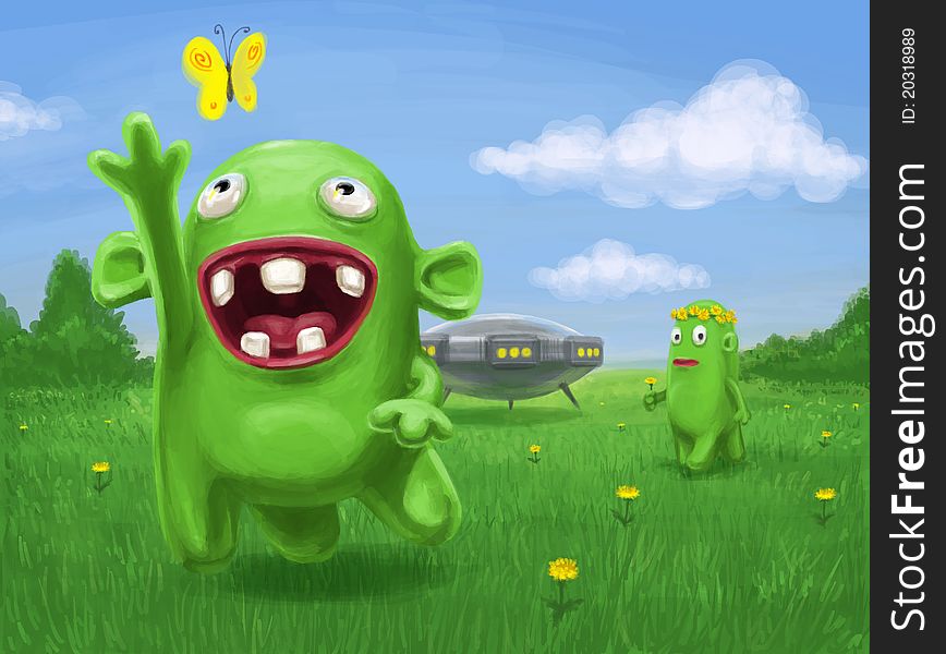 Two funny aliens on the meadow, illustration for children, digital raster painting.