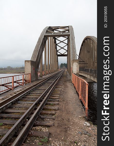 Railway bridge through Volga river In Kalyazin. Russia