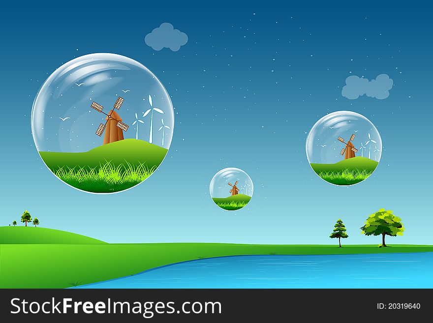 Illustration of windmill floating in bubble on beautiful landscape. Illustration of windmill floating in bubble on beautiful landscape