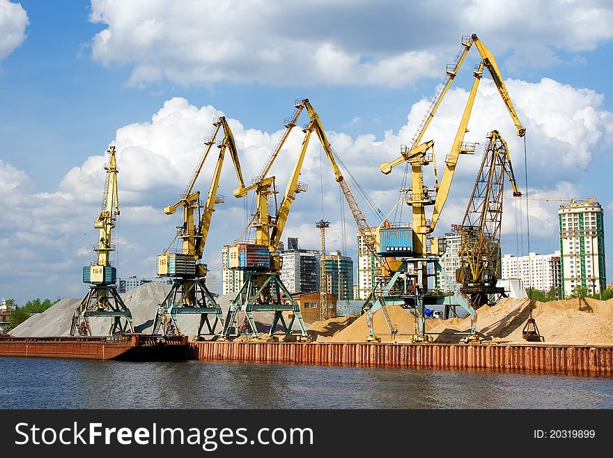Working cranes. North river port. Moscow.