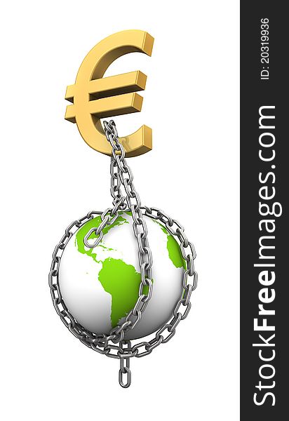 Render of a euro symbol that trapped our planet with chains. Render of a euro symbol that trapped our planet with chains.