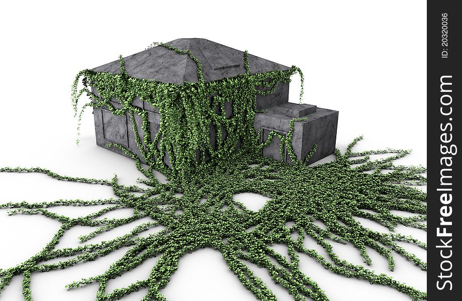 Render of a house covered with ivy