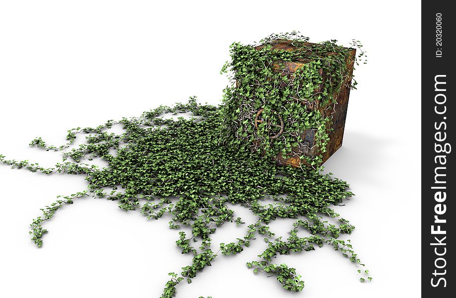 Render of a safe overgrown with ivy