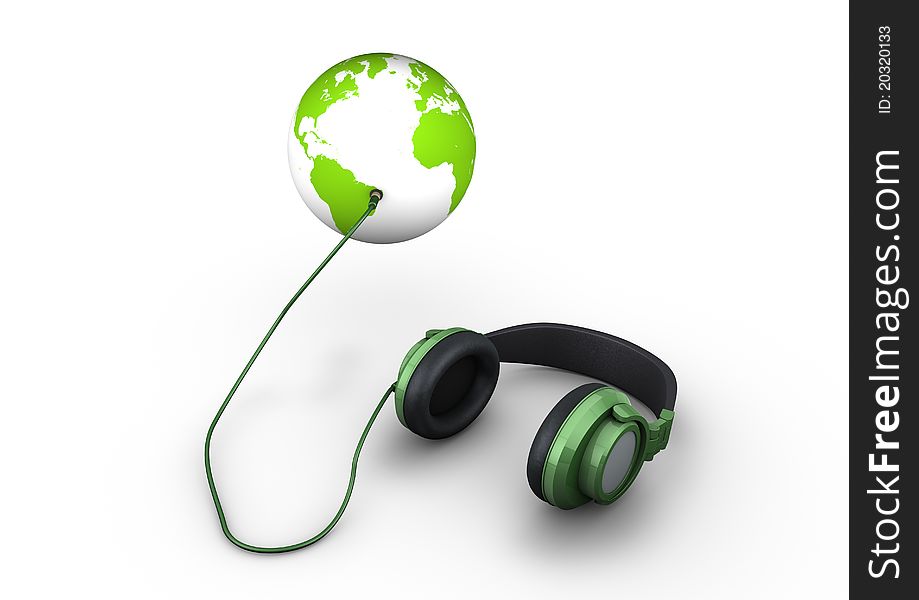 Render of headphones connected to our planet. Render of headphones connected to our planet