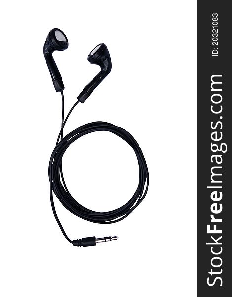 Black isolated earphones with winded round cord. Black isolated earphones with winded round cord