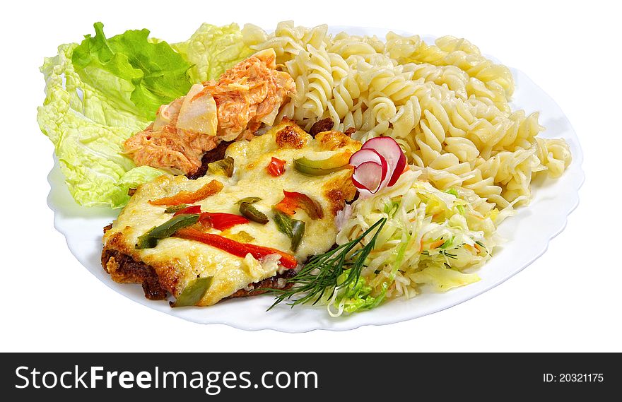 Boiled pasta, chicken fillet and salads on a white dish. Isolated on white background. Boiled pasta, chicken fillet and salads on a white dish. Isolated on white background.