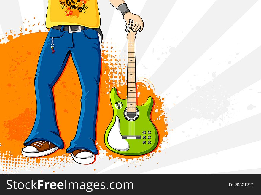 Illustration of young man holding guitar on abstract background