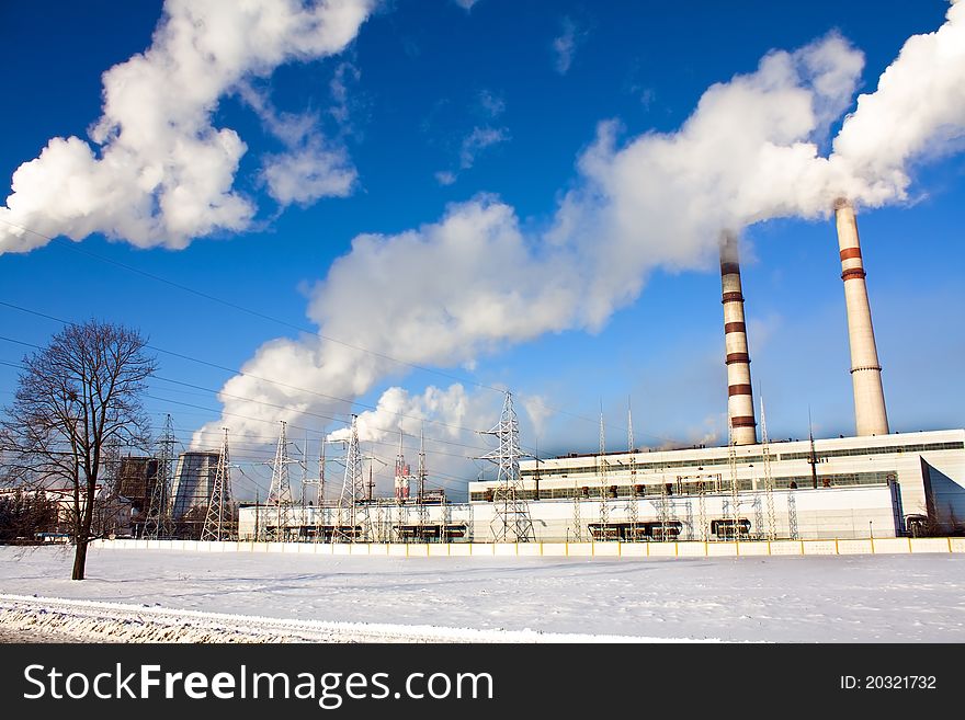 Power station in a winter season (it is located in a city of Grodno, Belarus)