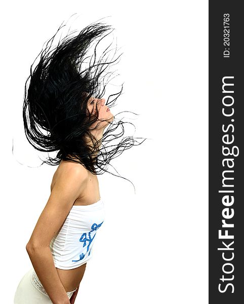 Girl with flowing hair on a white background. Girl with flowing hair on a white background