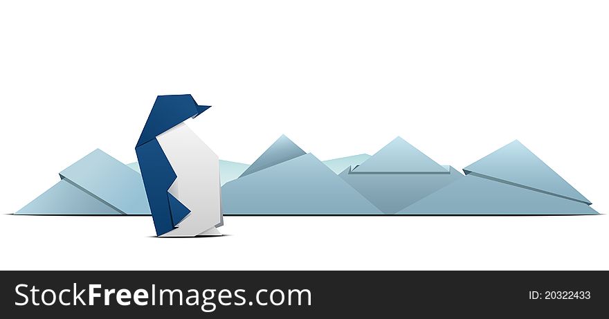 Illustration of paper pinguin among glaciers