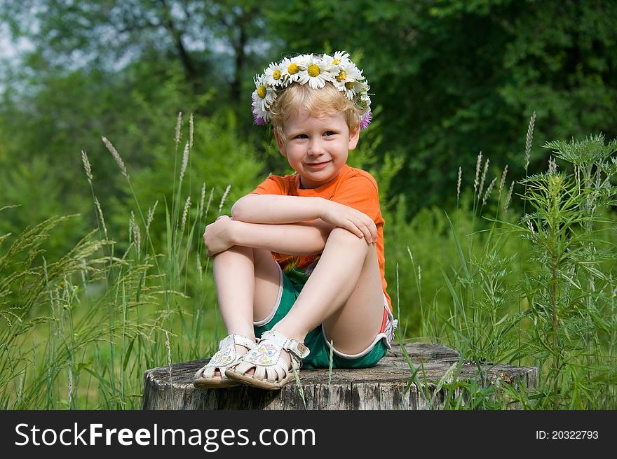 Girl in a wreath of flowers chamomile sitting on a stump