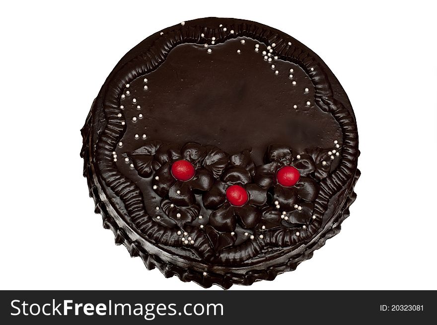 A chocolate cake isolated on a white background