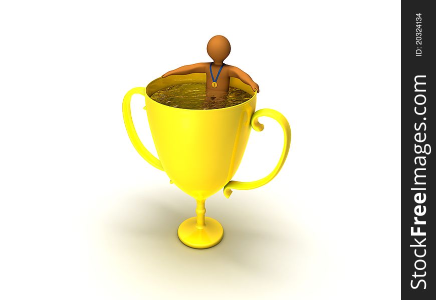 3D person inside golden cup. 3D person inside golden cup