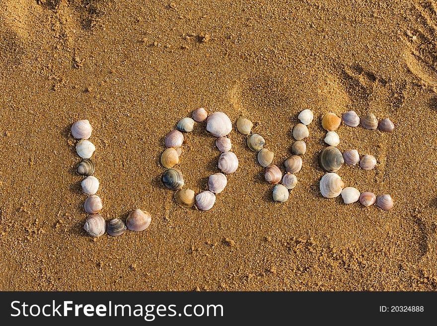 Love Symbol Written On Sand With Shells