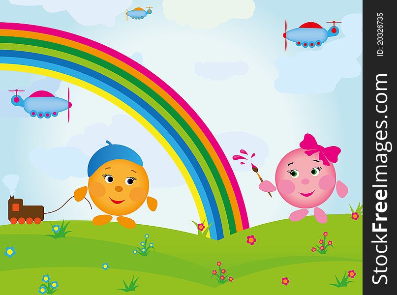 Fun colorful children's illustration with a rainbow. Fun colorful children's illustration with a rainbow