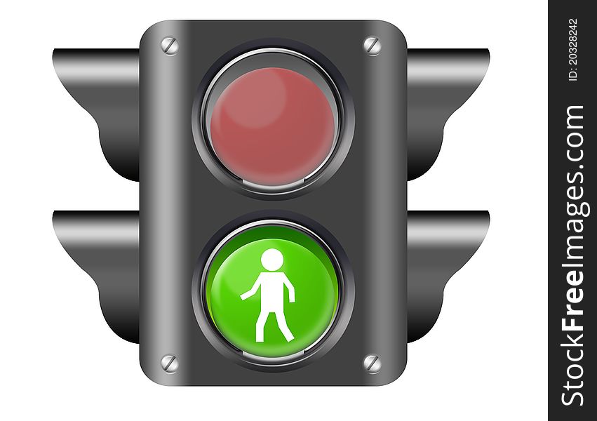 Black, green and red traffic light with pedestrian isolated over white background