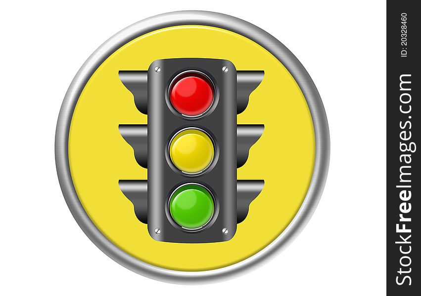 Yellow, red, green traffic light button isolated over white background