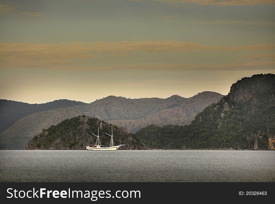 A sightseeing boat off the coast of a Busuanga Island in Palawan. A sightseeing boat off the coast of a Busuanga Island in Palawan.