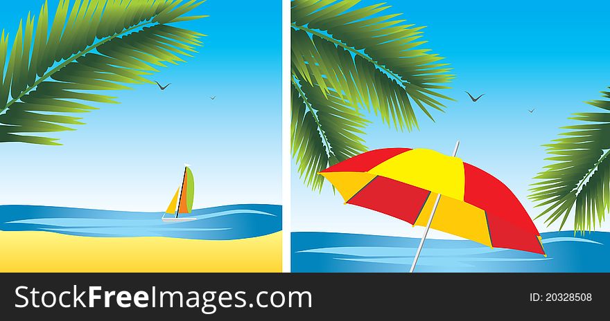 Palm branches and kind on a sea. Illustration