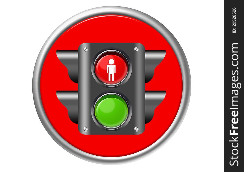 Black traffic light, stop sign button isolated over white background. Black traffic light, stop sign button isolated over white background