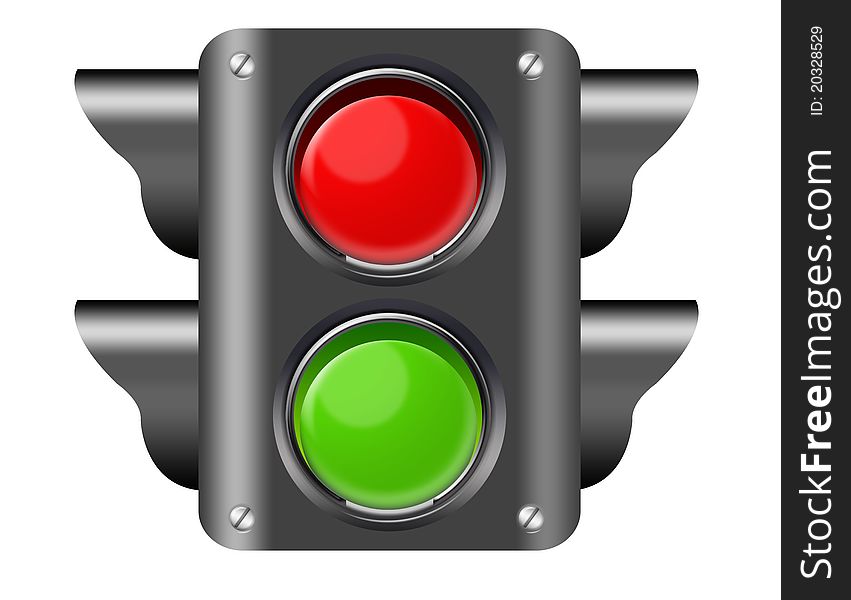 Black, red and green pedestrian light isolated over white background