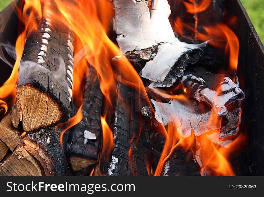 Dry wood burns slowly in the grill. Dry wood burns slowly in the grill