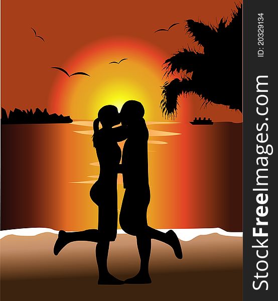 Romantic Sunset kiss on beach