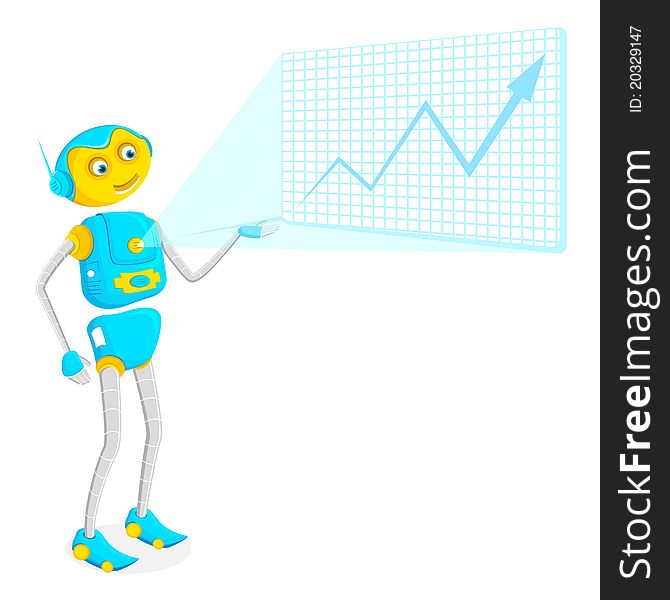 Illustration of robot giving presentation on touch screen
