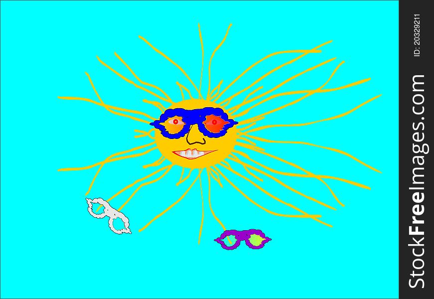 Animated illustration of the sun with sun glasses cloudy and two pairs in the sun cartoon. Animated illustration of the sun with sun glasses cloudy and two pairs in the sun cartoon