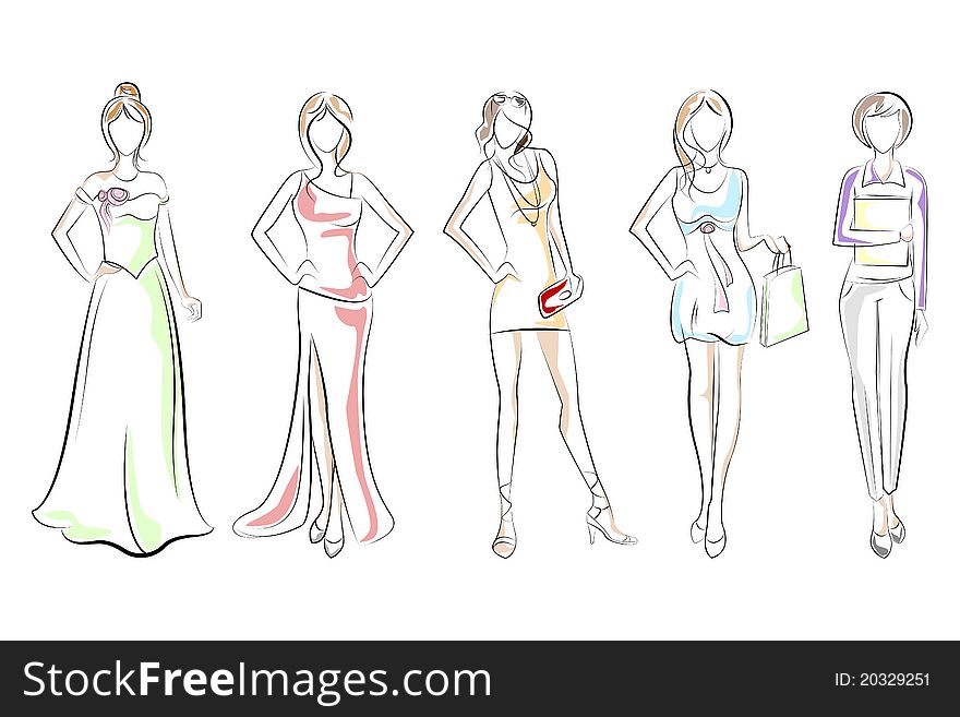 Illustration of set of lady in different style dresses. Illustration of set of lady in different style dresses