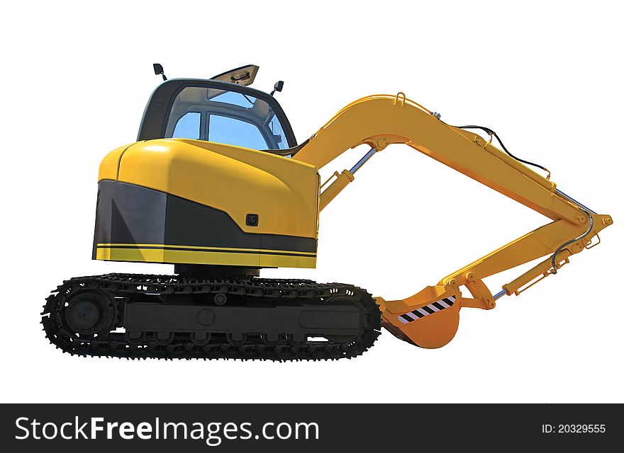 Shiny and modern yellow excavator machines isolated on white