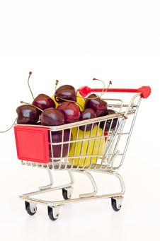 Shopping Cart With Plum And Cherry Stock Images Shopping Cart With Plum And Cherry Stock Images