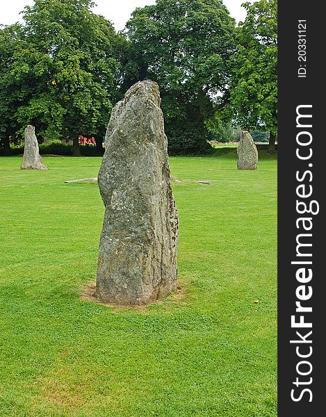 Welsh Gorsedd religious stones in a parkland setting against a backdrop of trees. Welsh Gorsedd religious stones in a parkland setting against a backdrop of trees